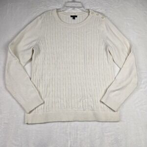 Talbots Women's Cream Ivory White Cable Knit Sweater Size L Gold Button Shoulder